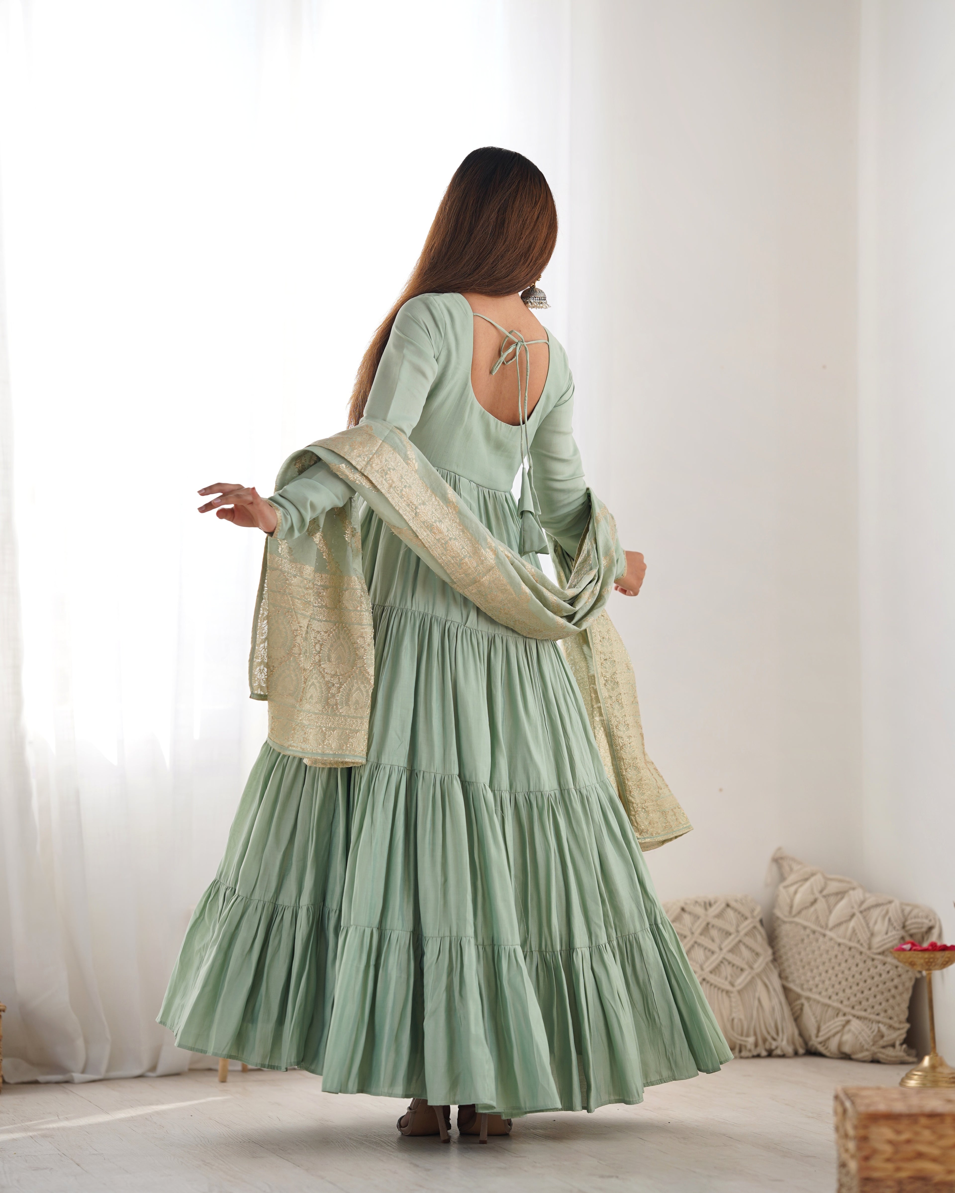 Festive Wear Teal Green Anarkali Dress with Premium Banarasi Dupatta