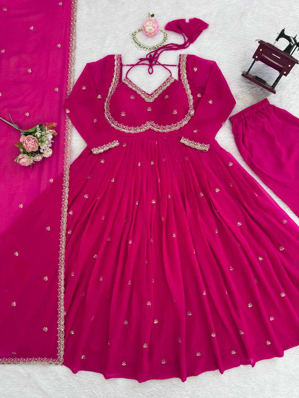 Neha Elegant Rani Pink Faux Georgette Anarkali Suit Set