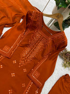 Very Beautiful Orange Roman Silk Embroidered Suit Set