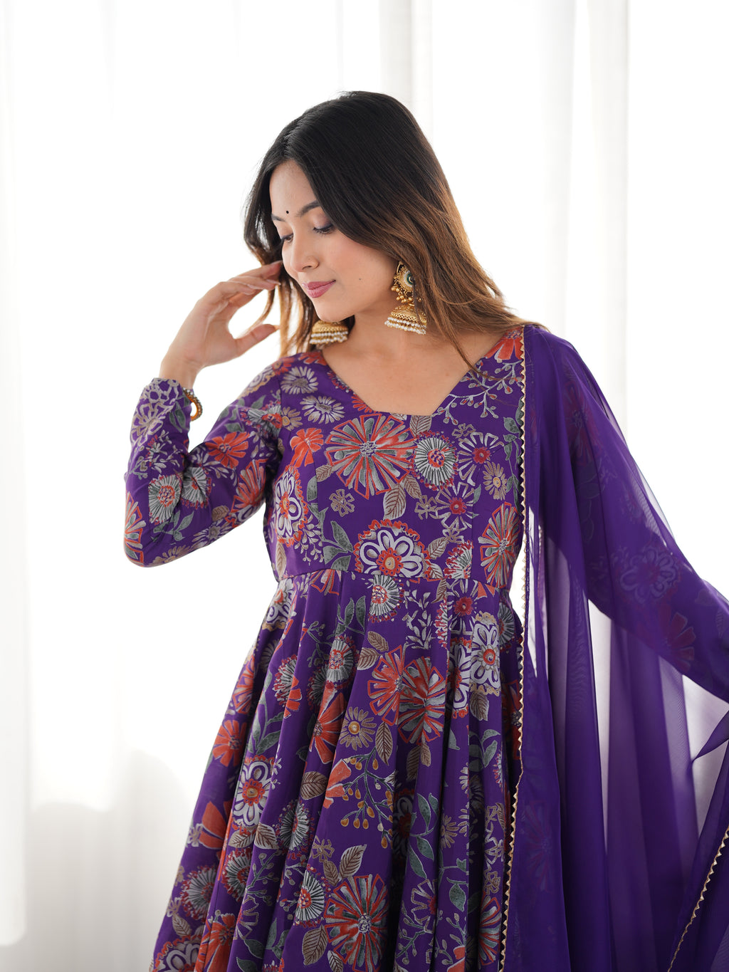 Royal Purple Floral Printed Roman Silk Chanderi Kurta Palazzo Set with Dupatta