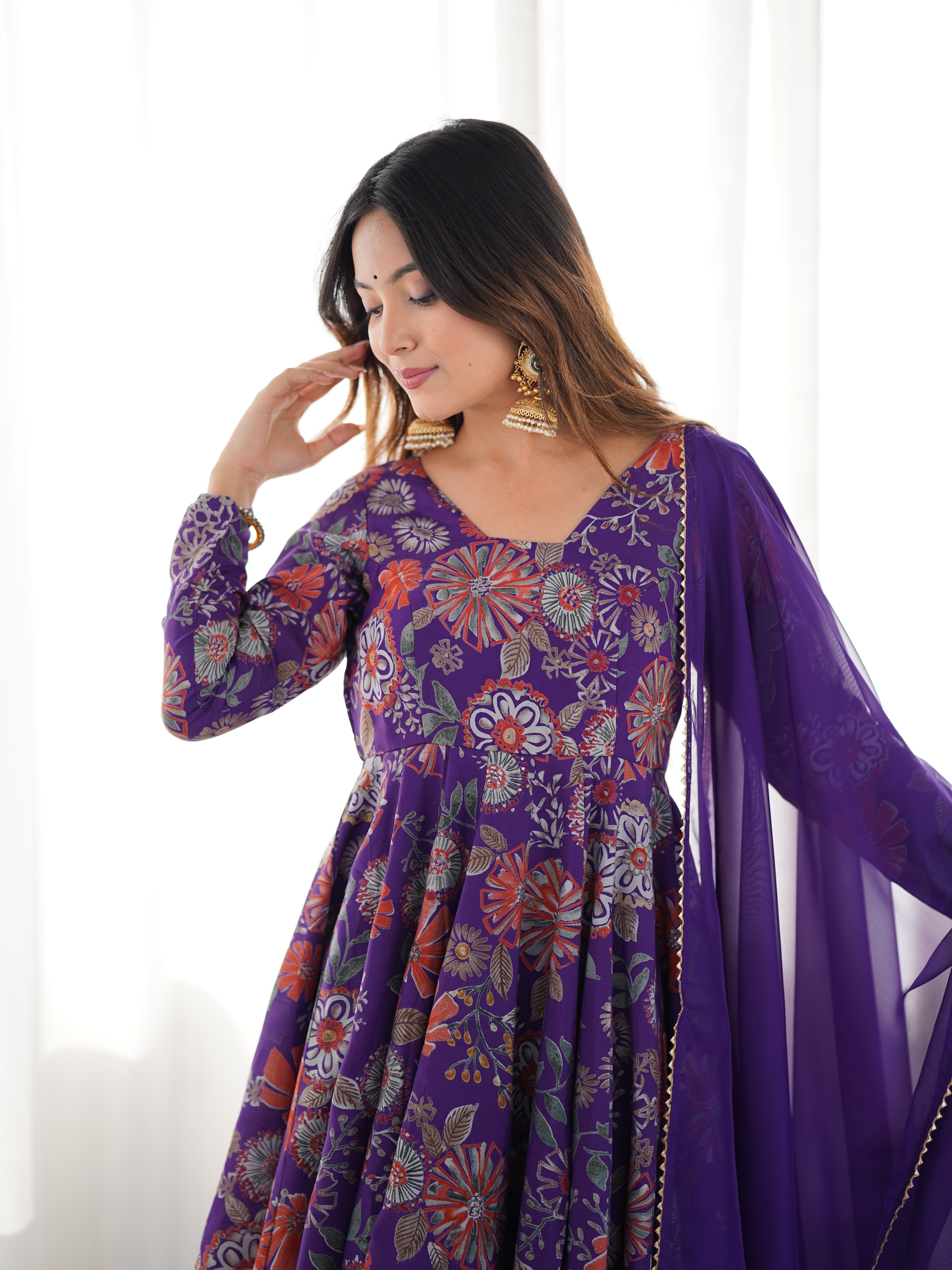 Royal Purple Floral Printed Roman Silk Chanderi Kurta Palazzo Set with Dupatta