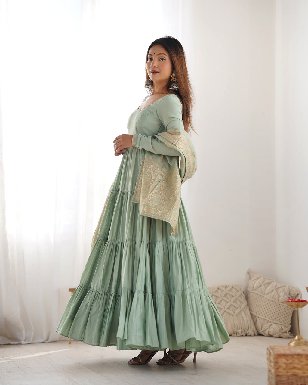 Festive Wear Teal Green Anarkali Dress with Premium Banarasi Dupatta