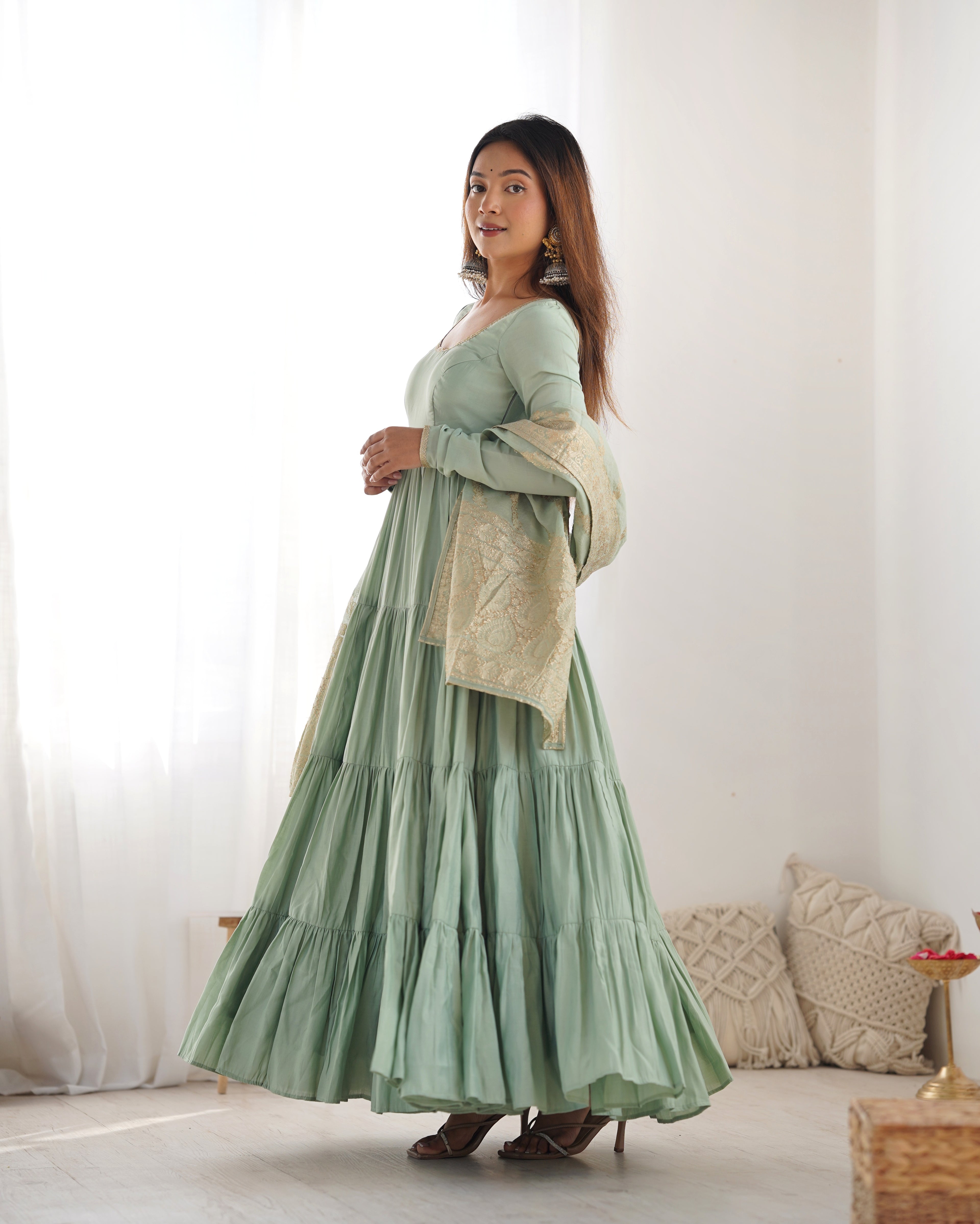 Festive Wear Teal Green Anarkali Dress with Premium Banarasi Dupatta