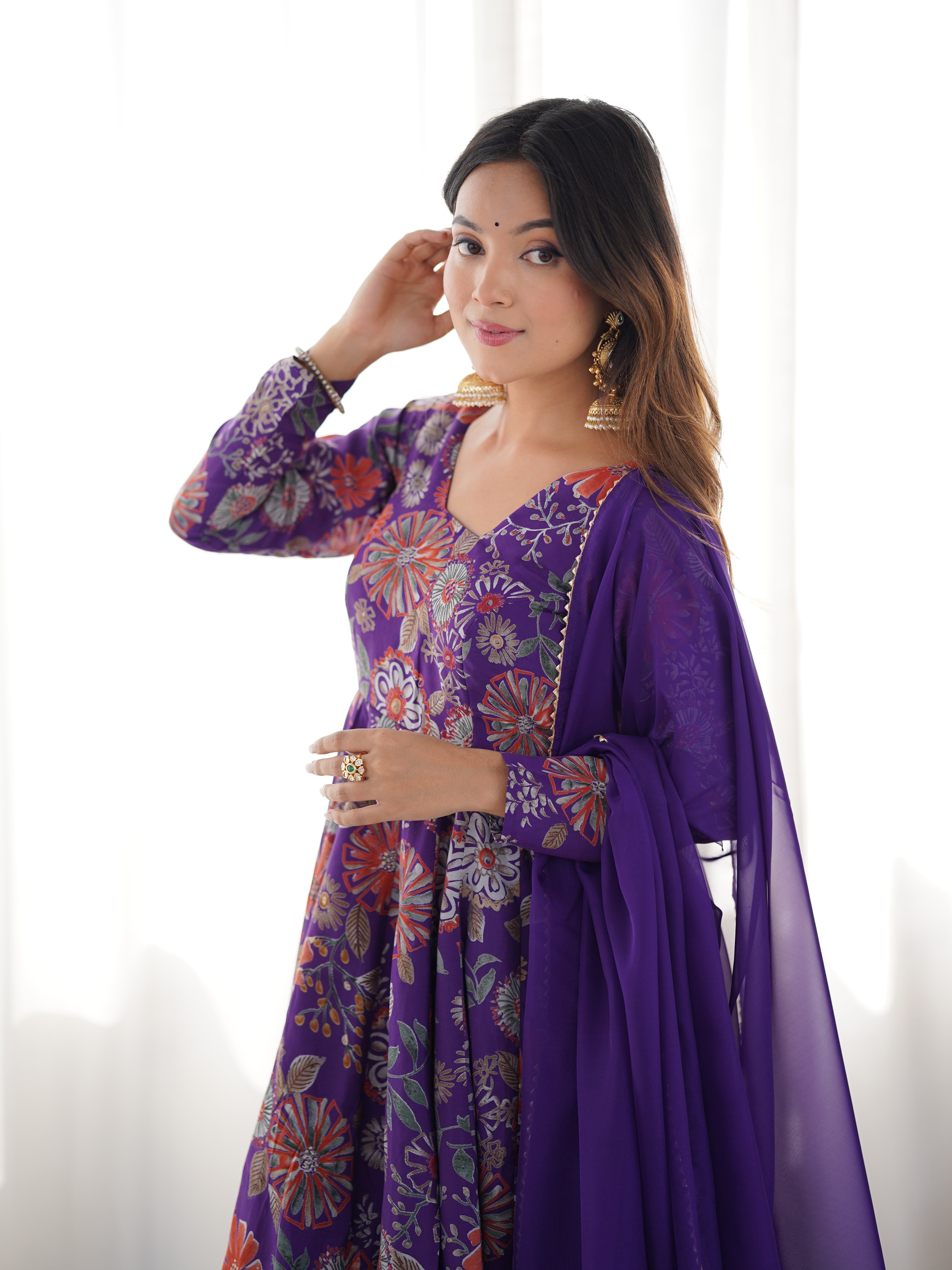 Royal Purple Floral Printed Roman Silk Chanderi Kurta Palazzo Set with Dupatta