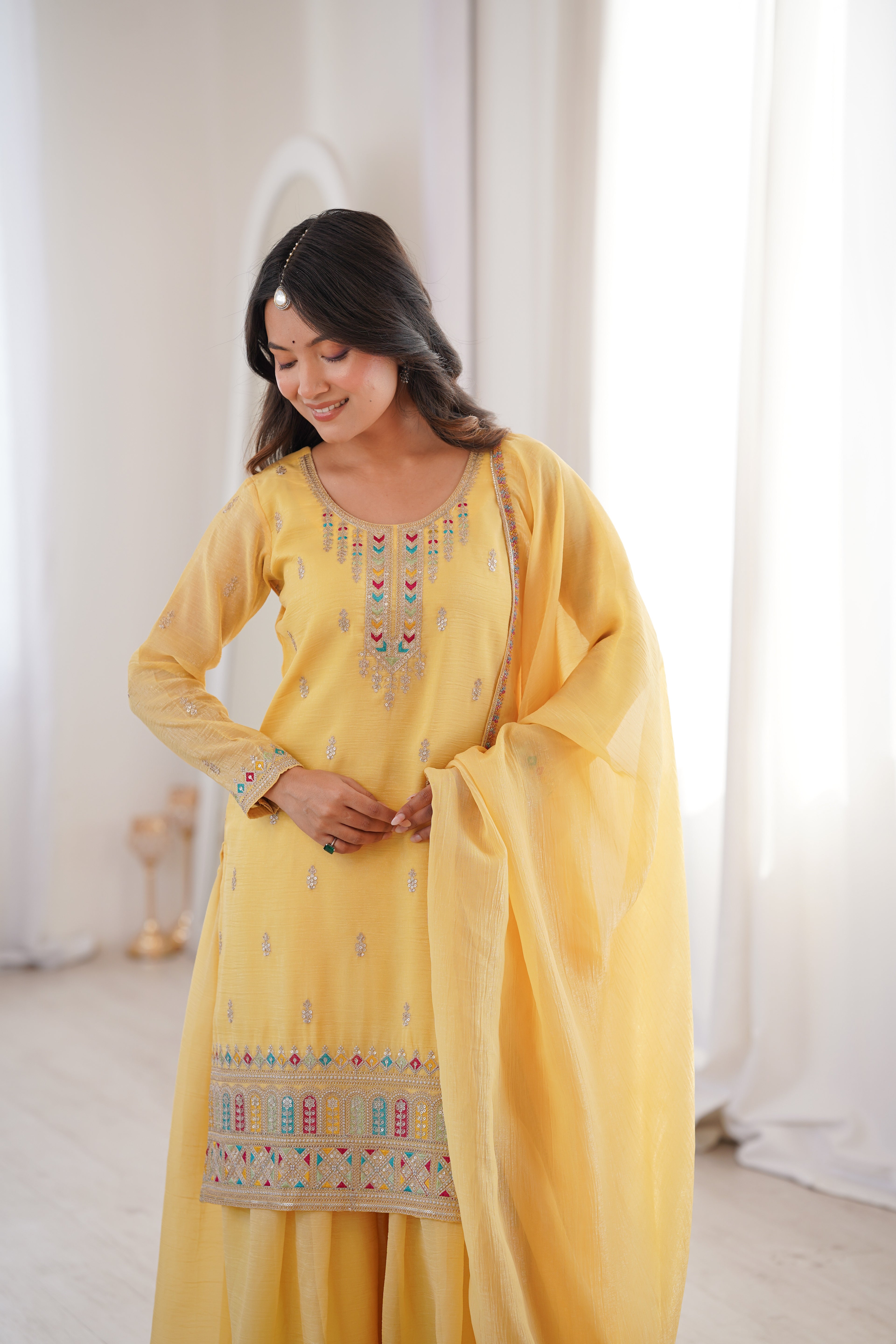 Sunshine Yellow 3-Piece Festive Sharara Suit with Colorful Resham and Zari Work