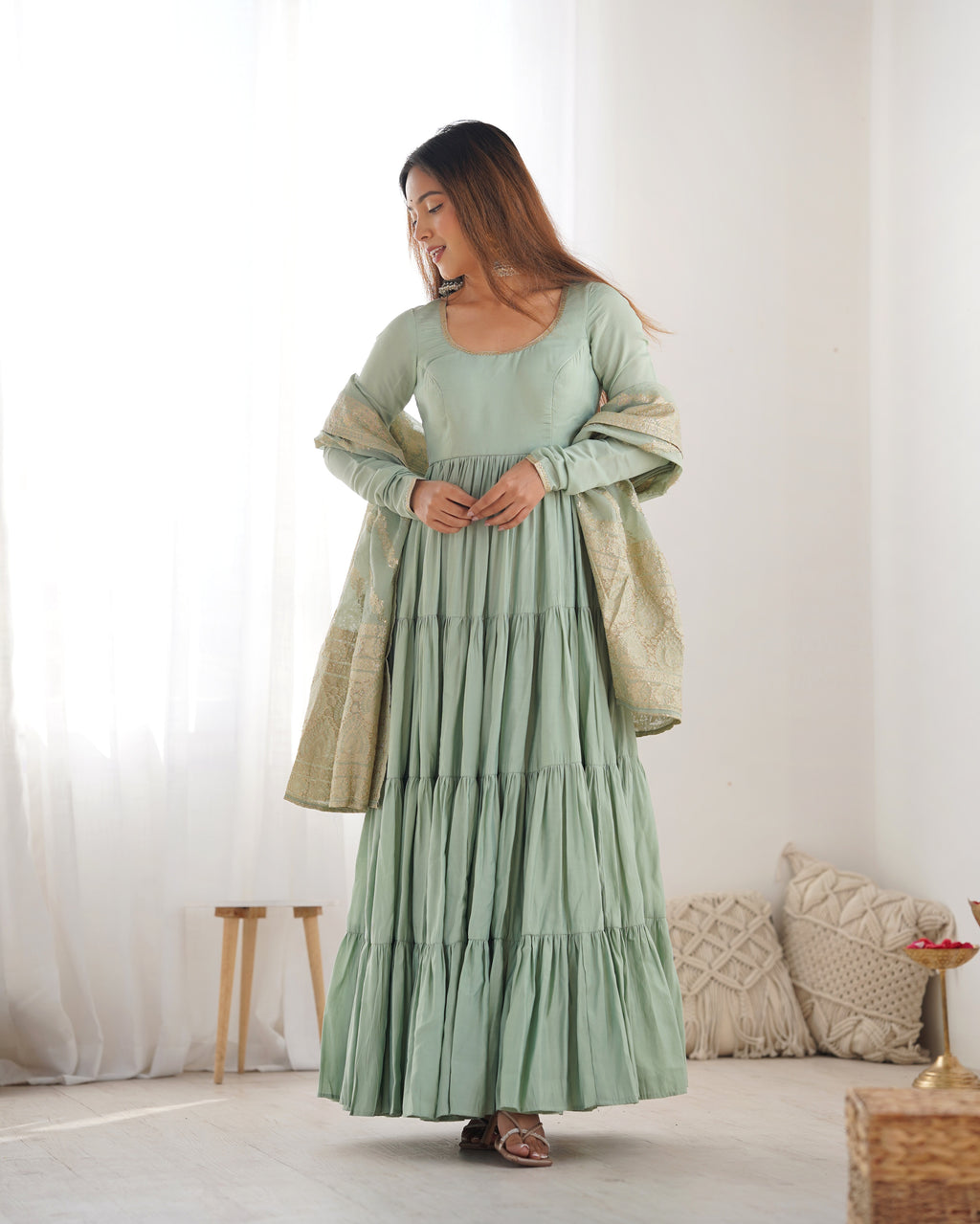 Festive Wear Teal Green Anarkali Dress with Premium Banarasi Dupatta