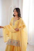Sunshine Yellow 3-Piece Festive Sharara Suit with Colorful Resham and Zari Work