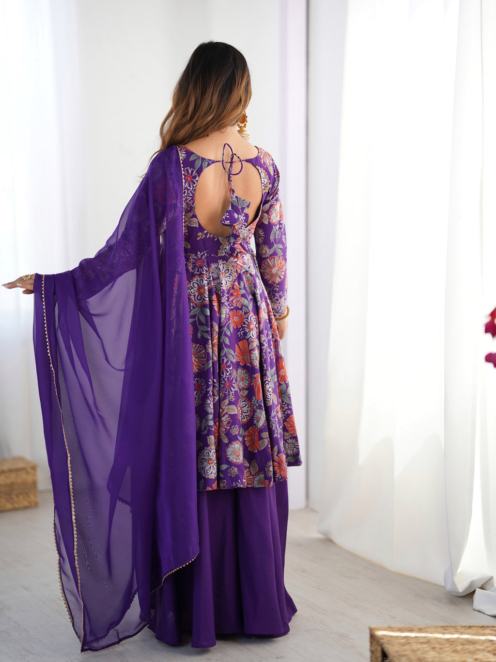 Royal Purple Floral Printed Roman Silk Chanderi Kurta Palazzo Set with Dupatta