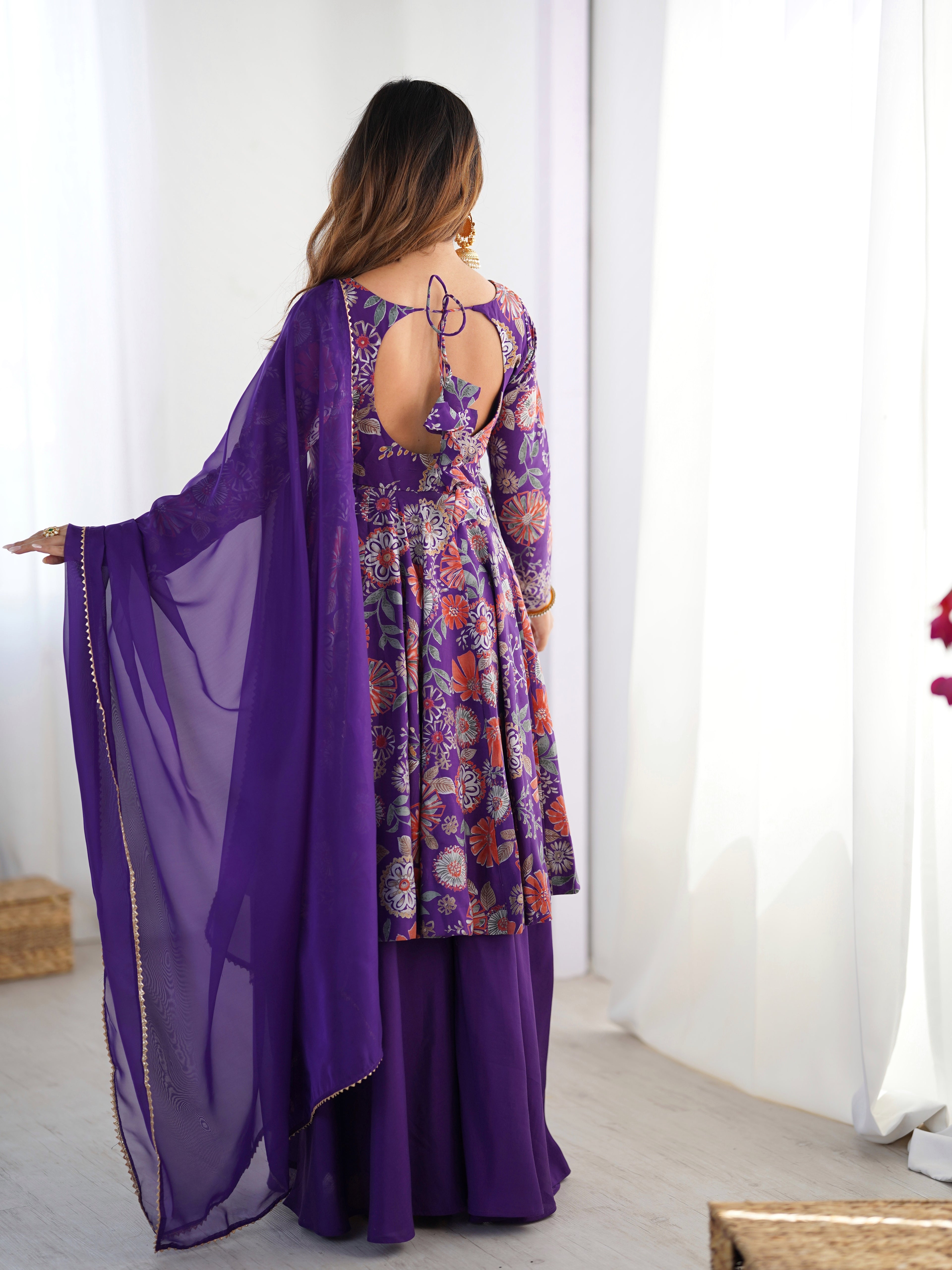Royal Purple Floral Printed Roman Silk Chanderi Kurta Palazzo Set with Dupatta