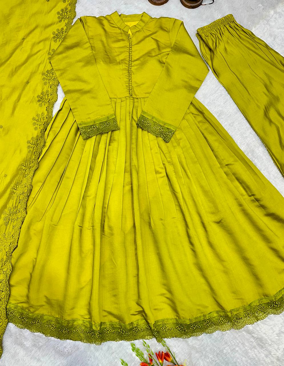Very Beautiful Lime Green Embroidered Anarkali Suit Set