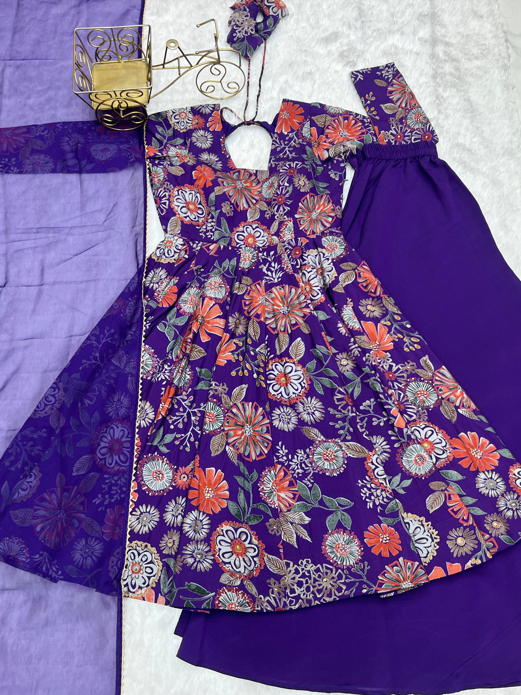Royal Purple Floral Printed Roman Silk Chanderi Kurta Palazzo Set with Dupatta