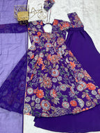 Royal Purple Floral Printed Roman Silk Chanderi Kurta Palazzo Set with Dupatta