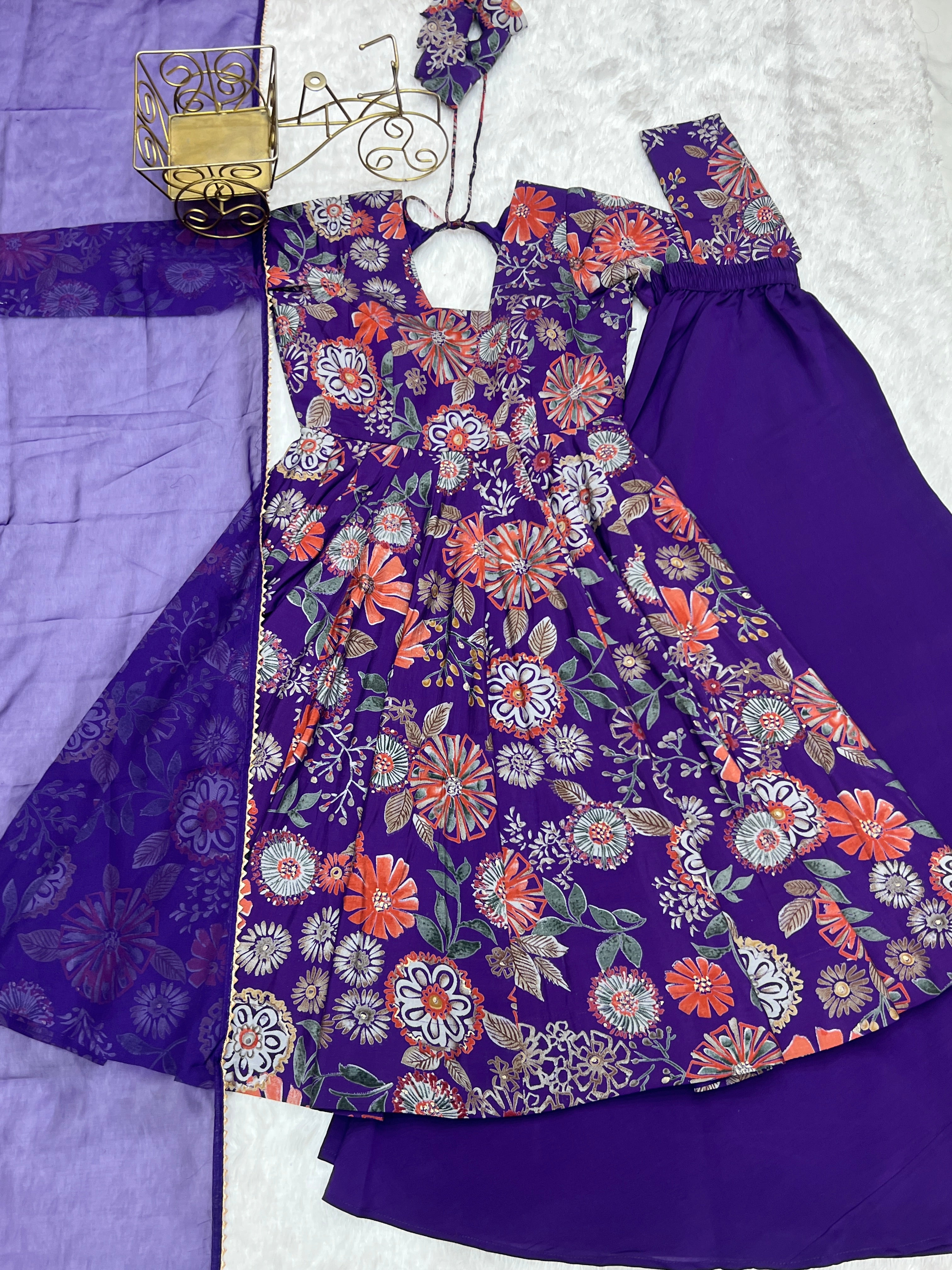 Royal Purple Floral Printed Roman Silk Chanderi Kurta Palazzo Set with Dupatta