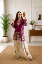 Very Attractive Magenta Floral Embroidered French Crepe Tunic Set