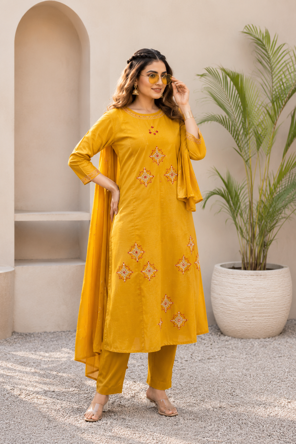 Festive Mustard Pure Cotton Suit Set with Floral Mirror Hand Work