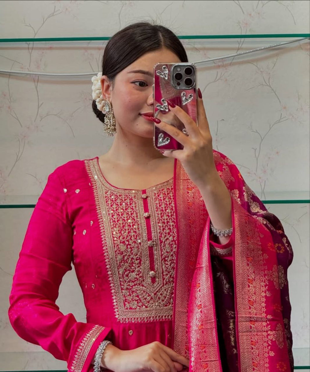 MOST PLEASING BANANA SILK ANARKALI STYLE SUIT SET