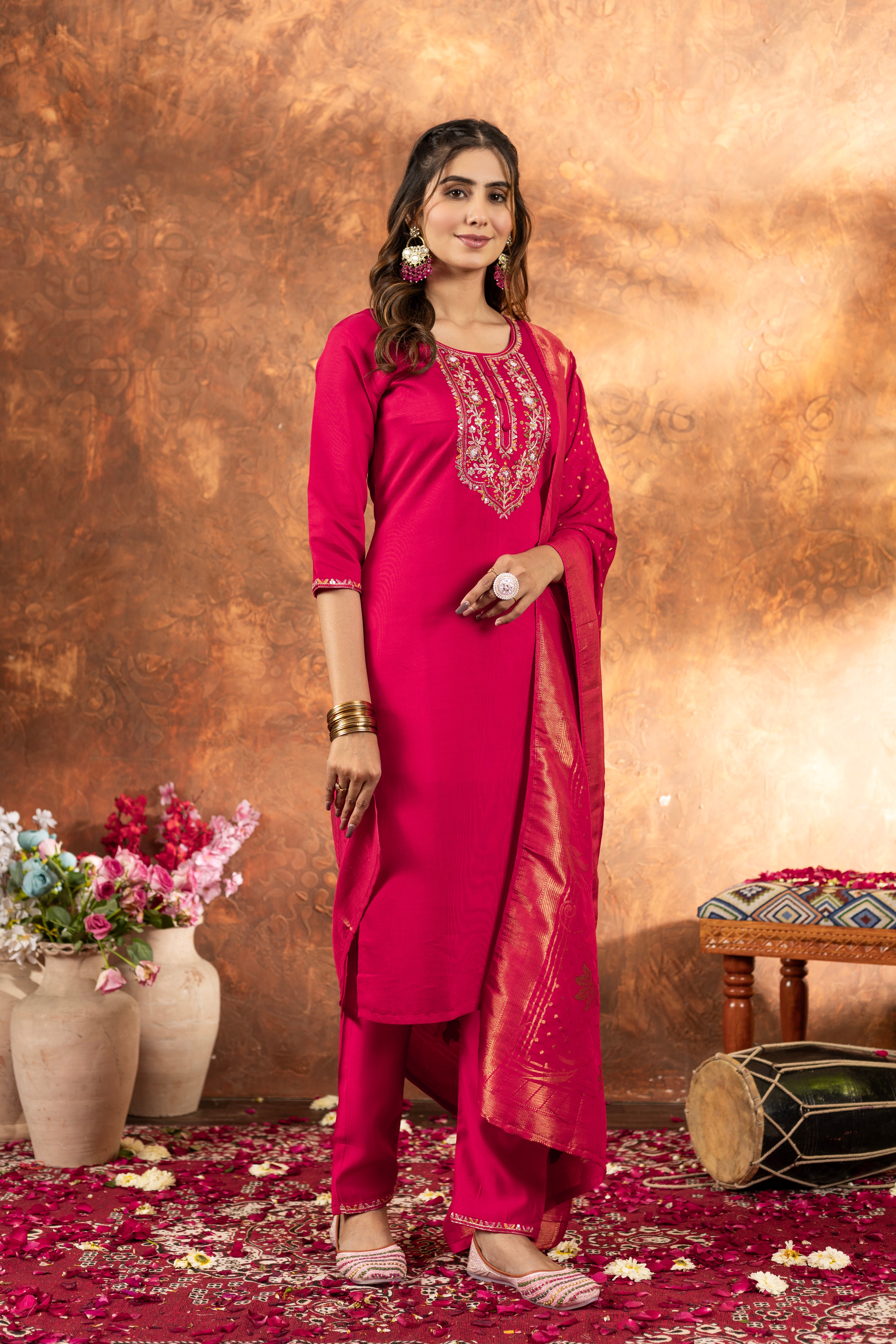 Designer Rani Pink Embroidered Marina Silk Suit