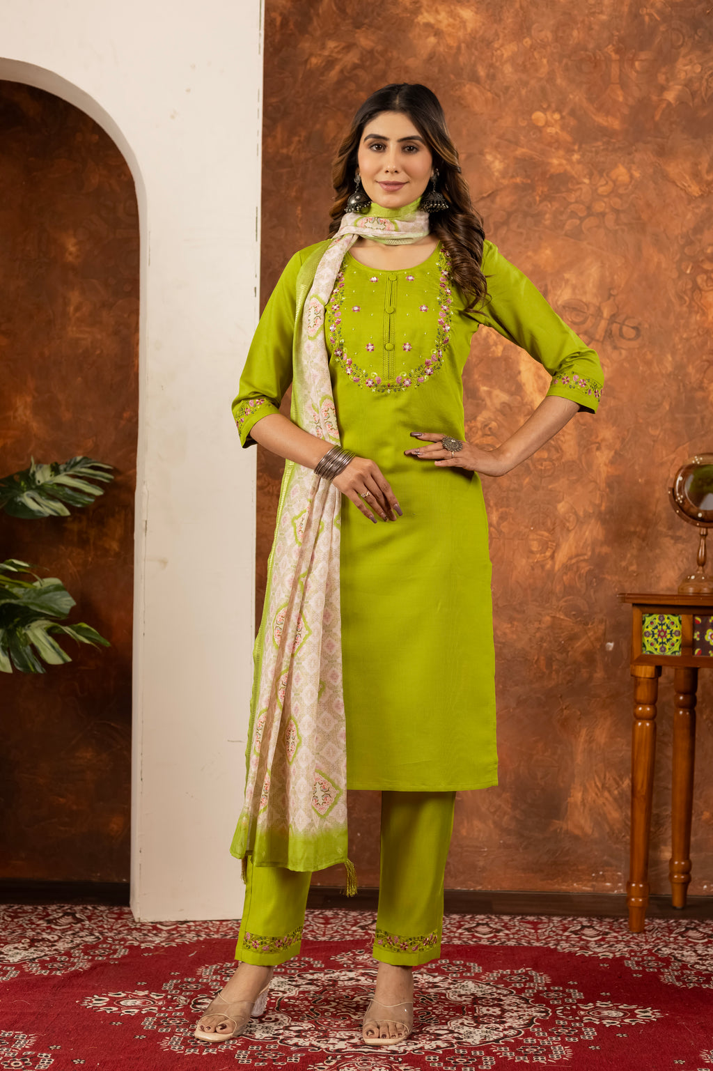 Women’s Marina Silk Embroidered Straight Suit Set