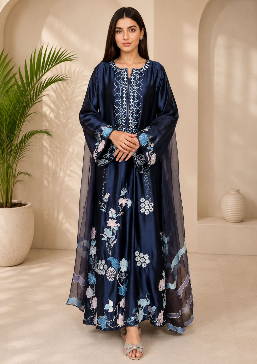 Navy Blue Floral Thread Work Jura Silk Kaftan-Style Kurta Set