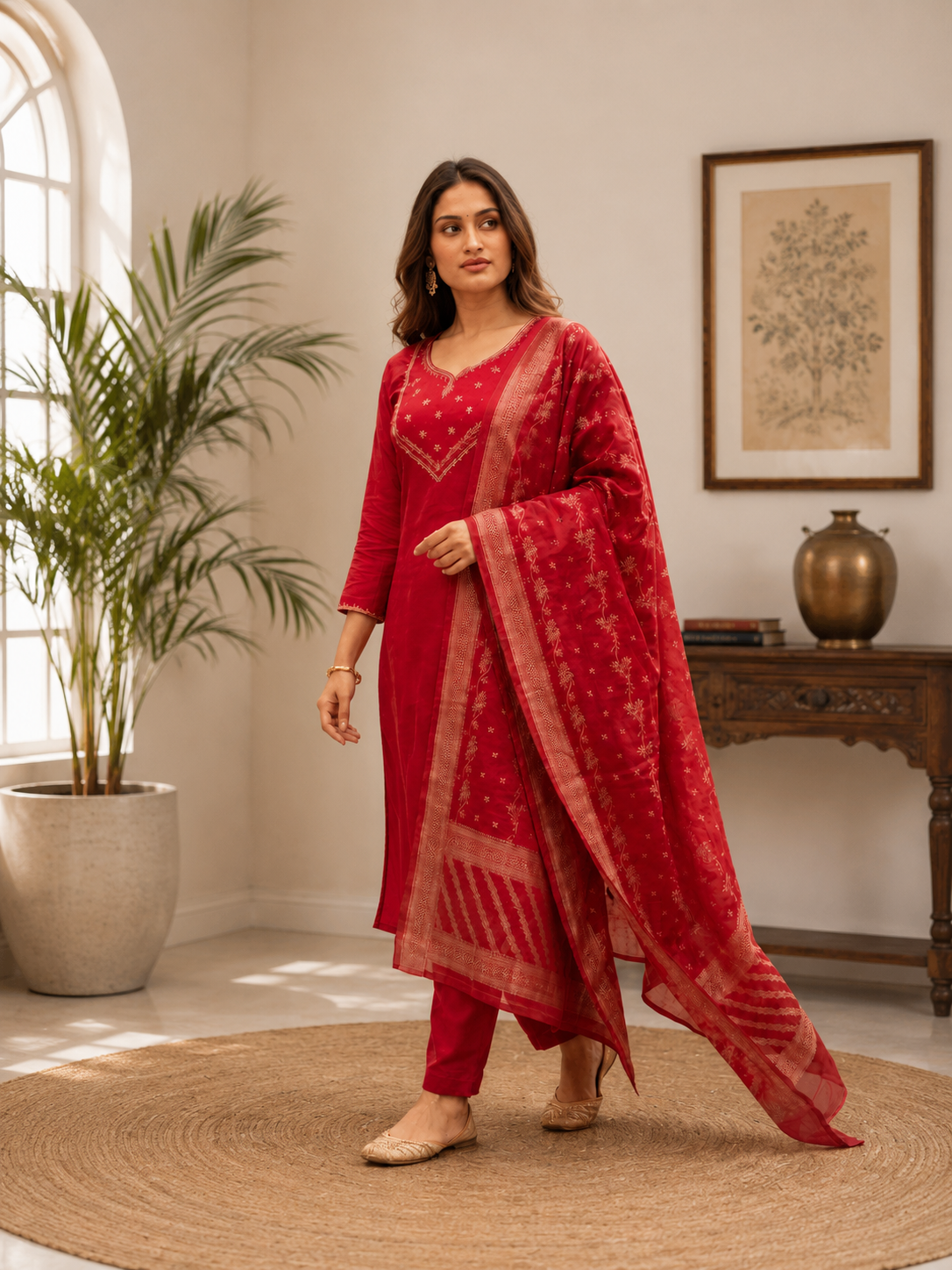 Elegant Handwork Mul Chanderi Suit Set With Jacquard Dupatta