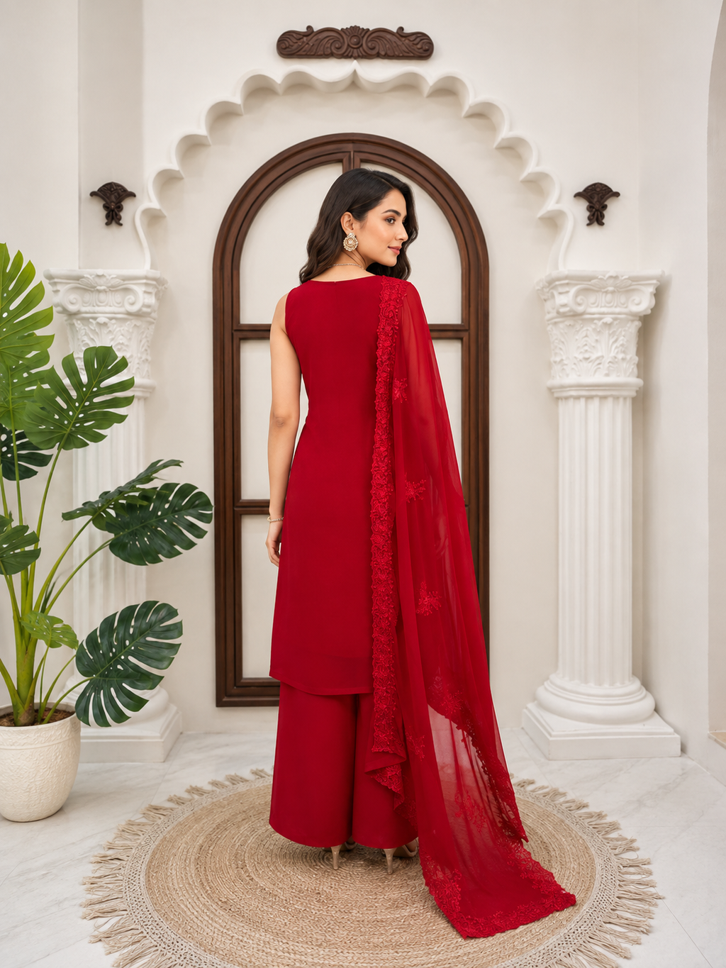 Premium Ruby Red Faux Georgette Festive Suit Set