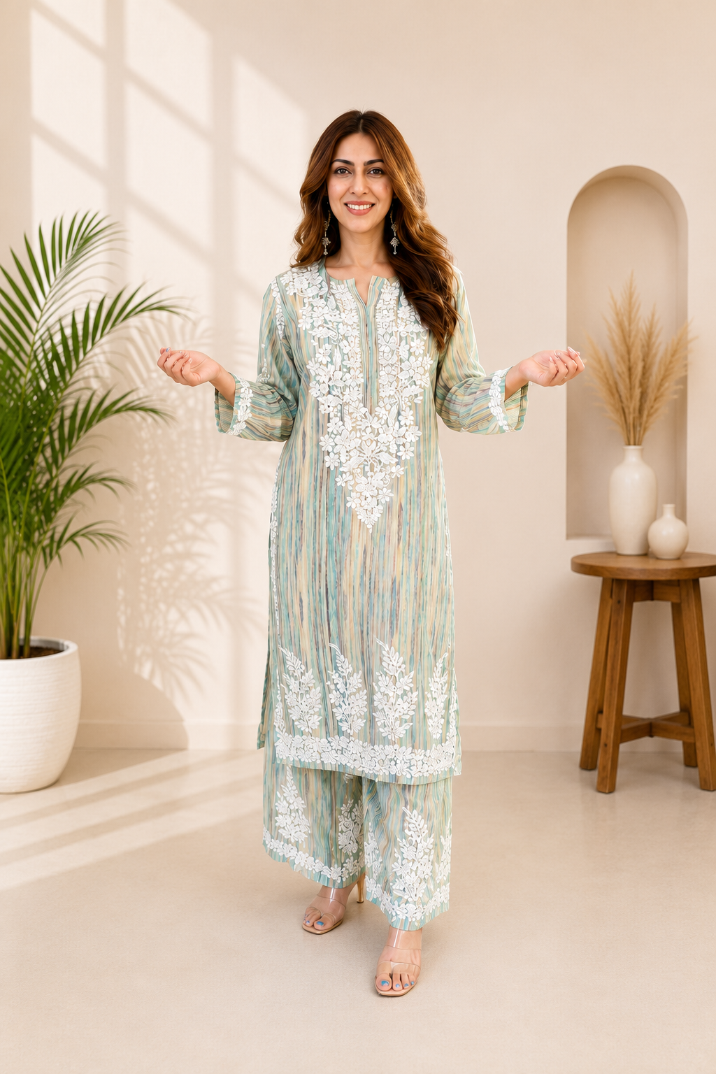Very Attractive Multi Striped Rayon Embroidery Chikankari Suit Set