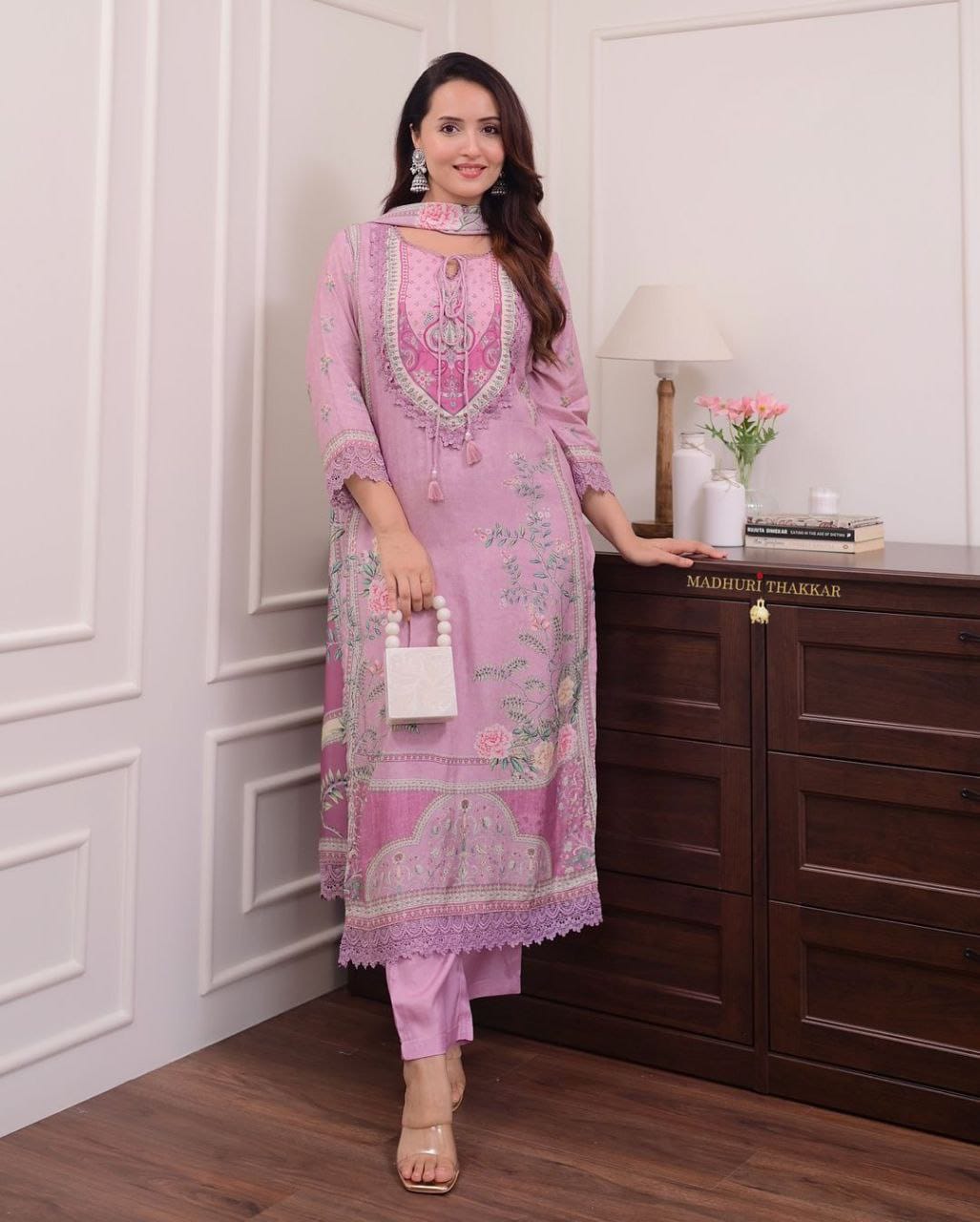 Festive Printed Hand Embroidery Soft Muslin Suit Set