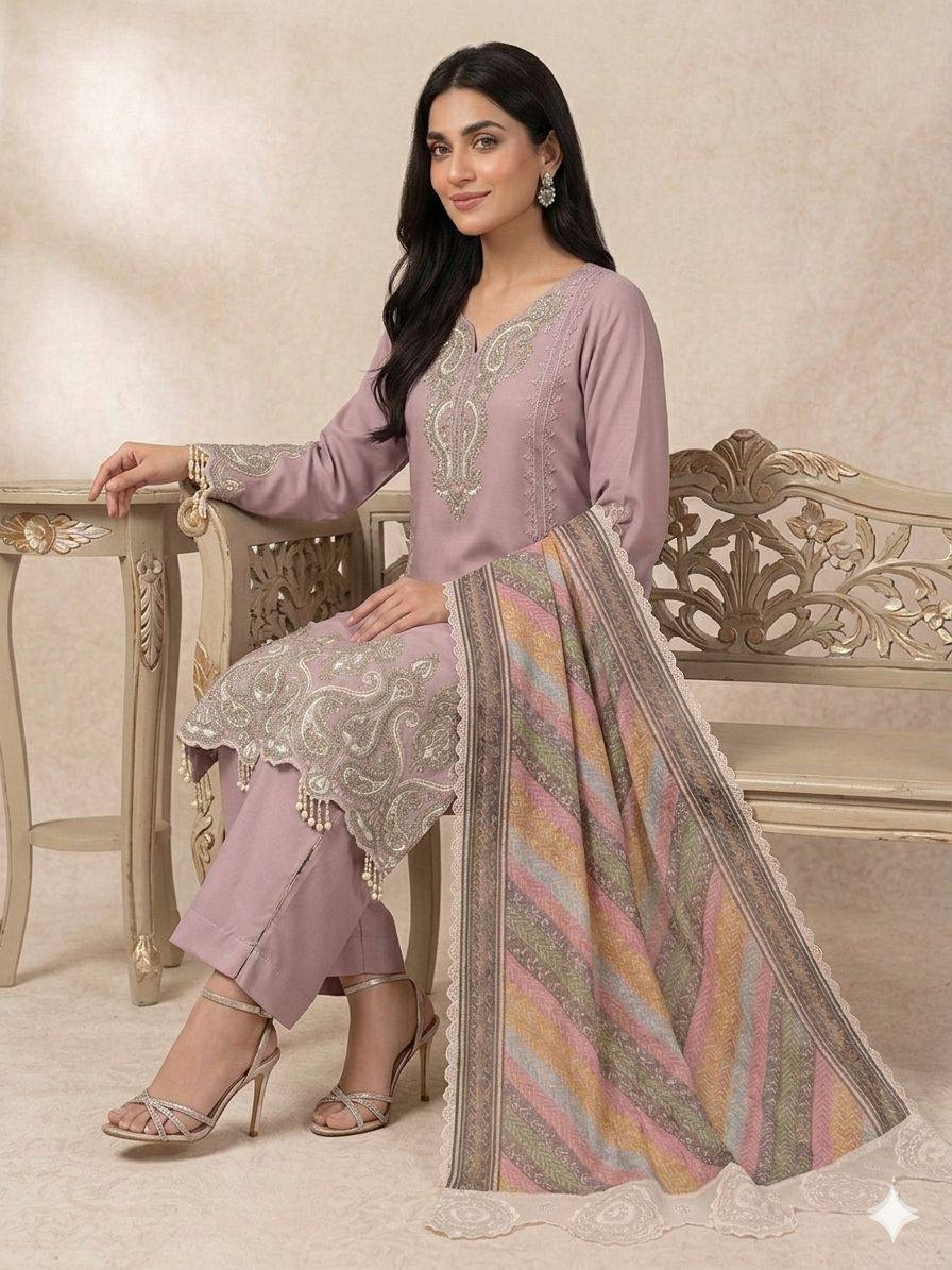Elegant Star Georgette Embroidered Salwar Suit with Multicolor Chevron Dupatta