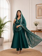 Emerald Teal Cotton Ethnic Suit Set With Real Mirror Hand Work