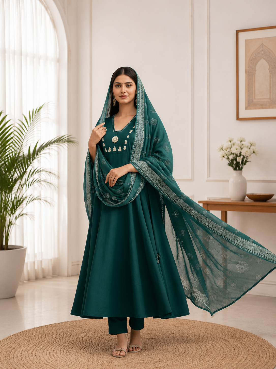 Emerald Teal Cotton Ethnic Suit Set With Real Mirror Hand Work