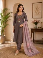 Brown Premium Mul Chanderi Hand Work Suit Set With Floral Dupatta