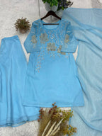 Attractive Blue Crunchy Silk Sequence Embroidery Anarkali Suit Set
