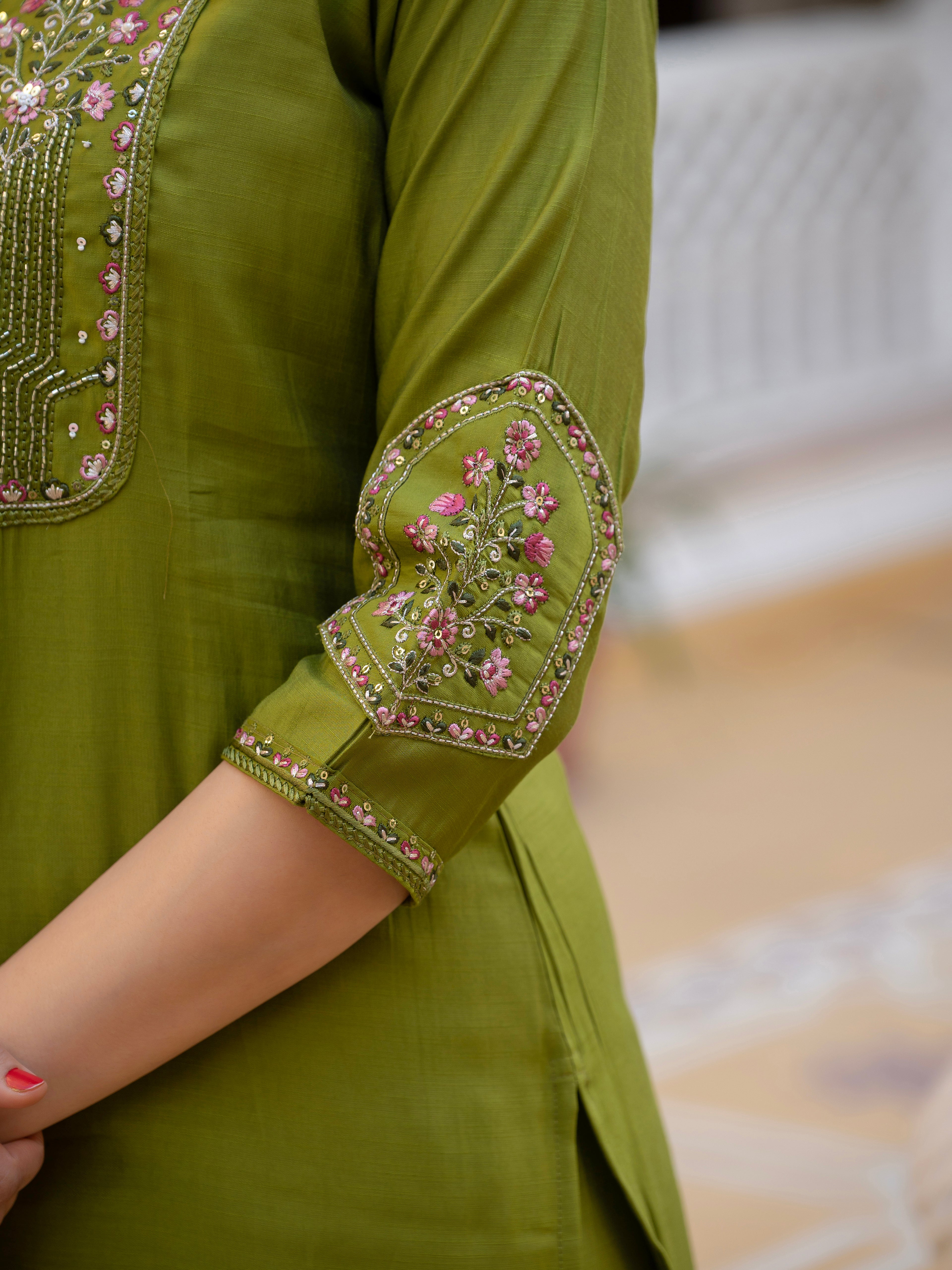 Luxury Pure Viscose Mango Silk Floral Embroidered Suit Set