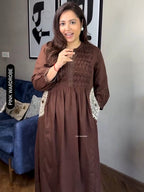 Elegant Brown A-Line Handwork Pure Cotton Suit Set