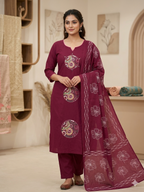 Wine Pure Cotton Embroidery Kurta Pant Set With Mandala Patchwork