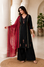 Classic Black Cotton Ethnic Suit Set With Block Print With Real Mirror Hand Work