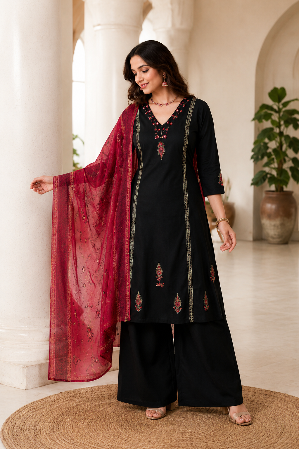 Classic Black Cotton Ethnic Suit Set With Block Print With Real Mirror Hand Work