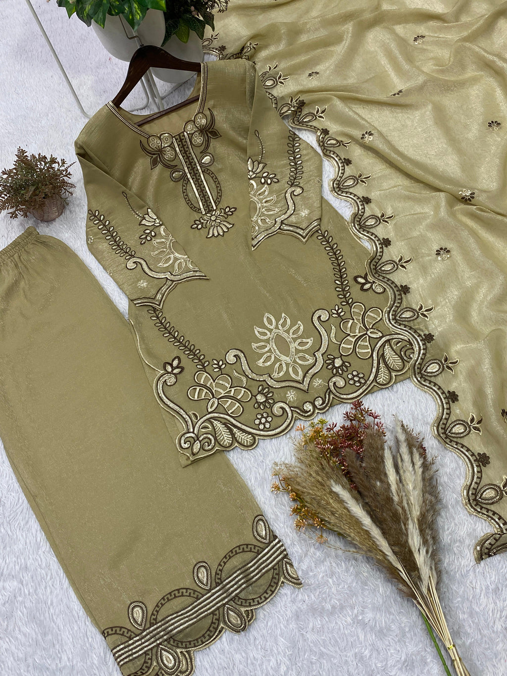 Elegant Olive Green Crunchy Silk Embroidered Suit Set with Organza Dupatta