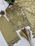Elegant Olive Green Crunchy Silk Embroidered Suit Set with Organza Dupatta
