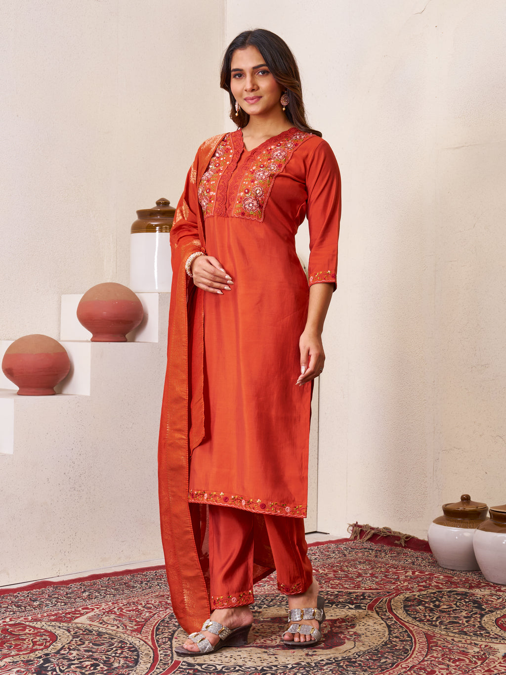 Beautiful Orange Roman Silk Embroidered Kurti Pant Dupatta Set