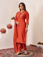 Beautiful Orange Roman Silk Embroidered Kurti Pant Dupatta Set