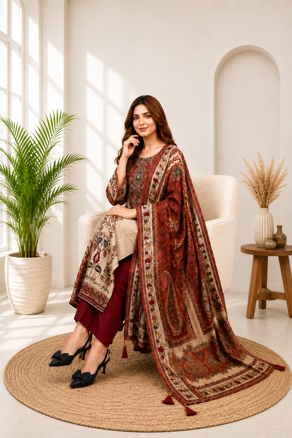Very Attractive Beige and Maroon Printed Chinon Suit Set With Mirror Work