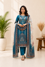 Elegant Teal Blue Chinon Printed Suit Set with Real Mirror Work