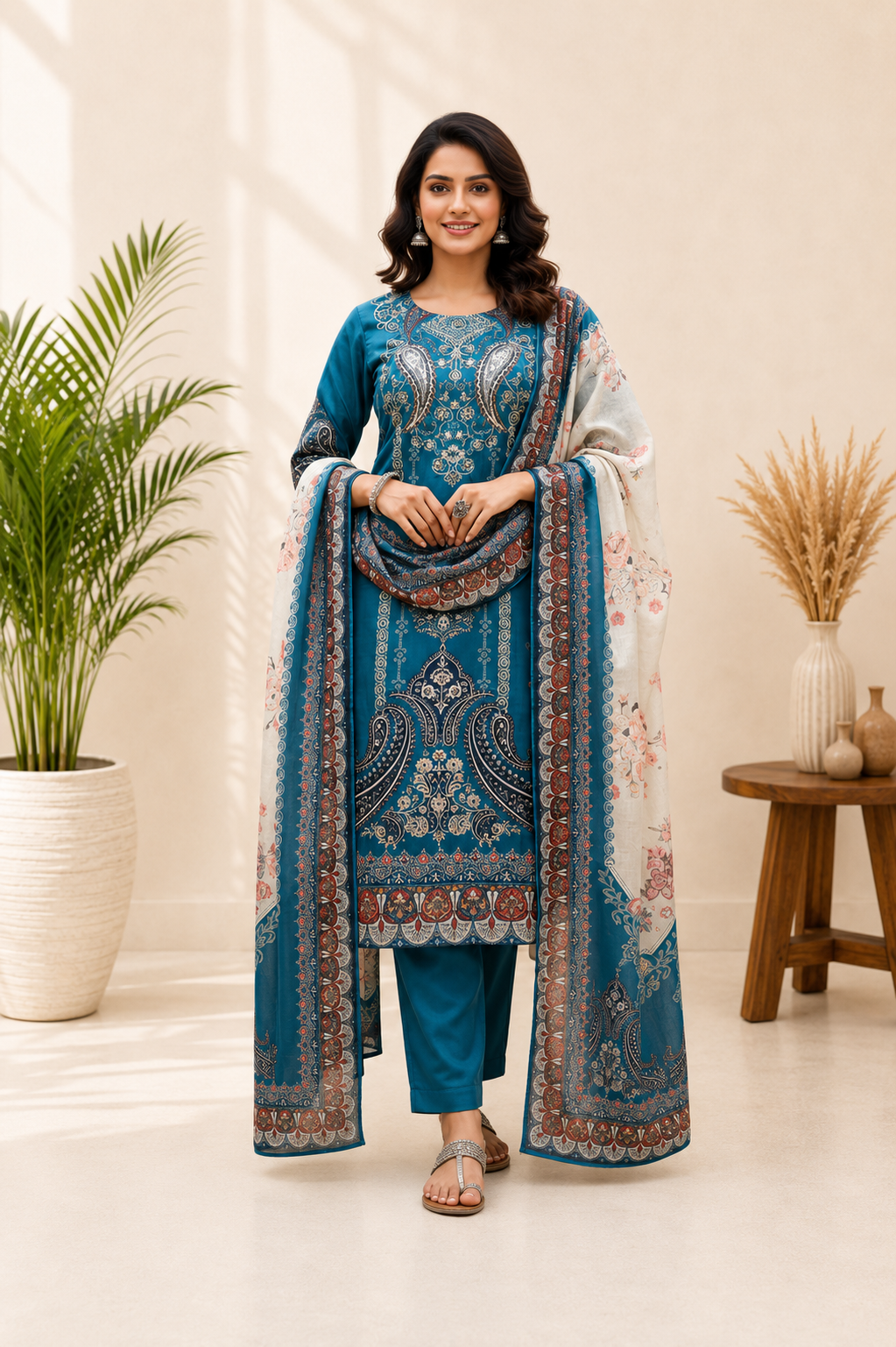 Elegant Teal Blue Chinon Printed Suit Set with Real Mirror Work