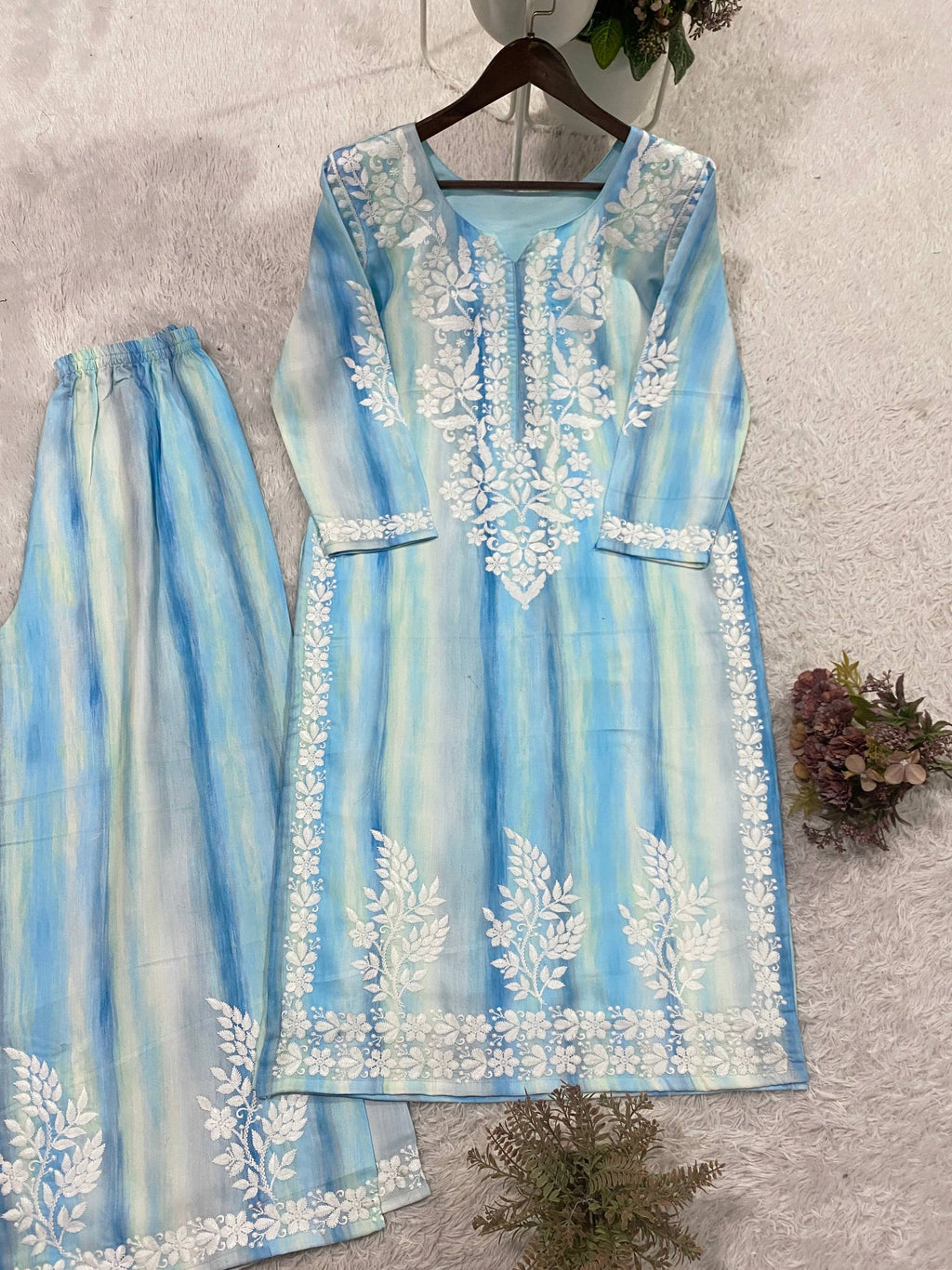 Beautiful Ocean Blue Striped Rayon Embroidery Chikankari Suit Set