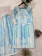 Beautiful Ocean Blue Striped Rayon Embroidery Chikankari Suit Set