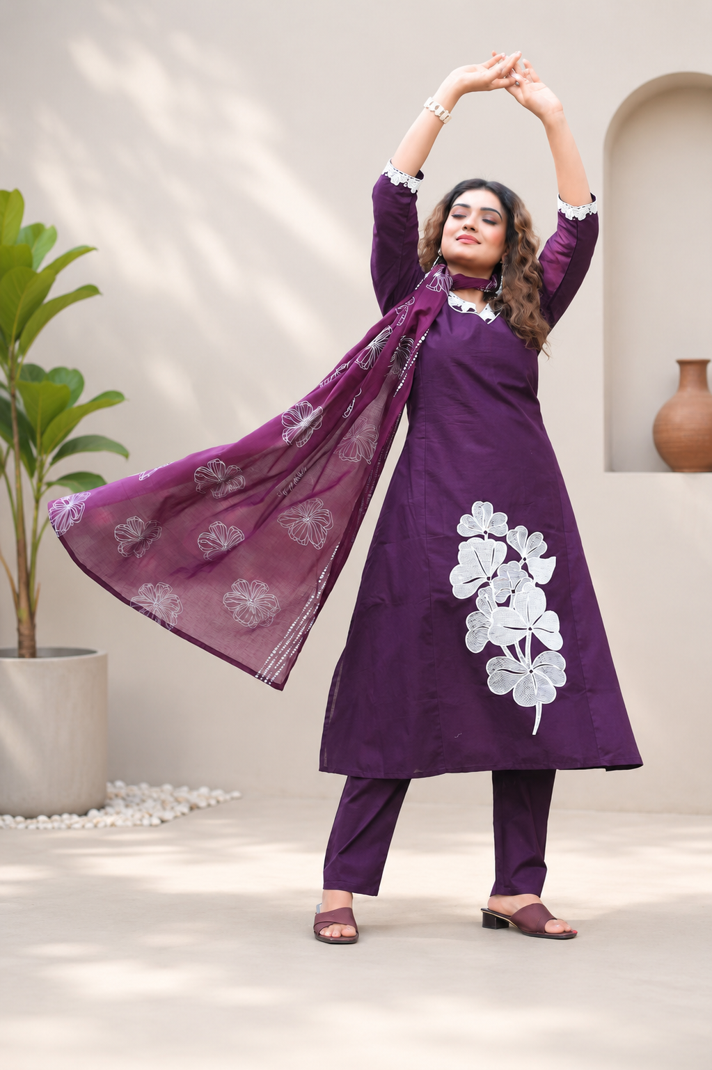 Very Attractive Royal Purple Floral Embroidered Cotton Suit Set