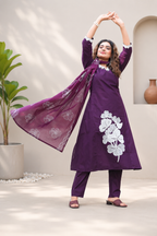 Very Attractive Royal Purple Floral Embroidered Cotton Suit Set