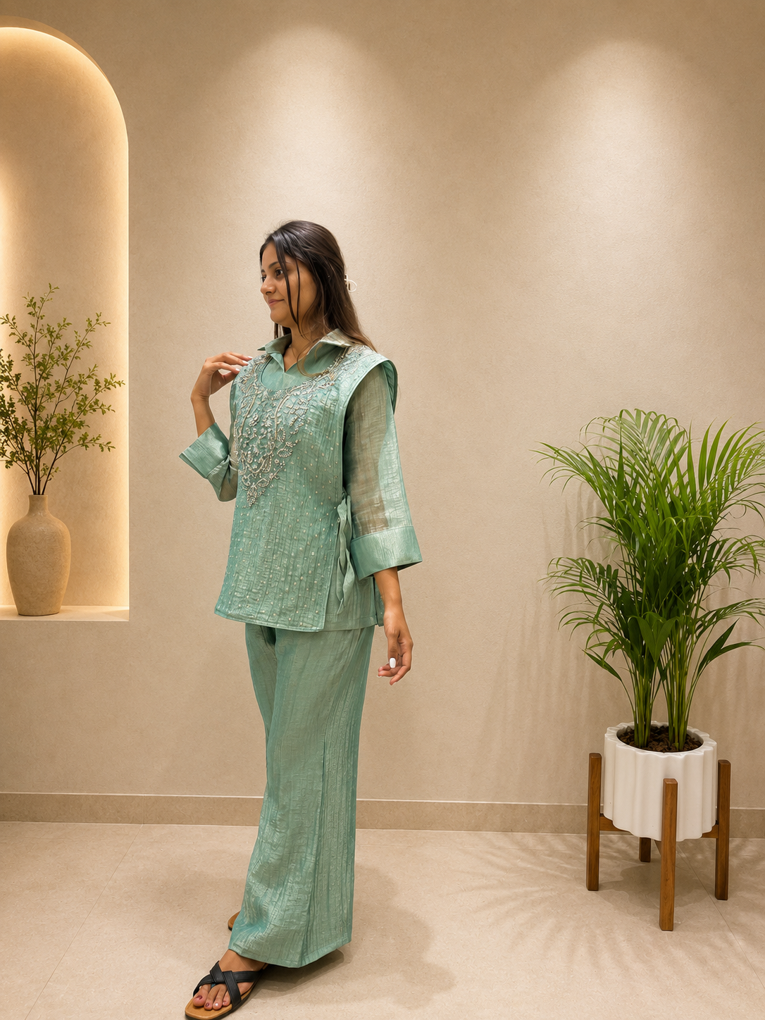 Very Beautiful Sage Green Salsa Silk HandWork Co-Ord Set