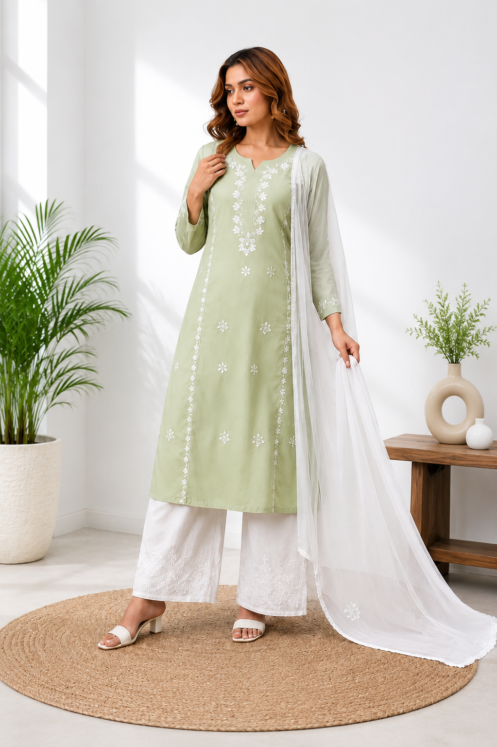 Elegant Sage Green Rayon Embroidered Suit Set With Dupatta